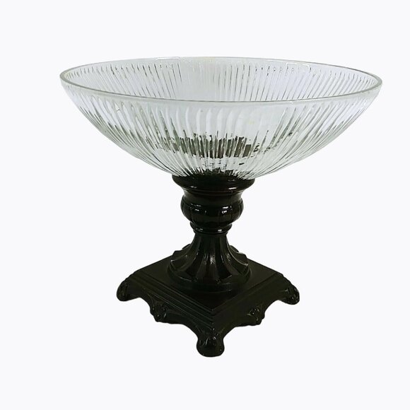 Compote Pedestal Bowl on Ornate Metal Base Table Centerpiece Vintage Decor - Picture 1 of 6